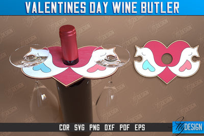 Valentines Day Wine Butler Laser Cut Design, Wine Caddy SVG, Wine Glass Bottle Holder SVG Fly Design 