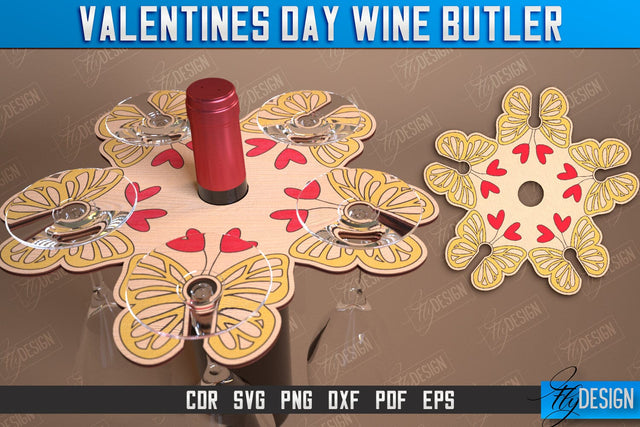Valentines Day Wine Butler Laser Cut Design, Wine Caddy SVG, Wine Glass Bottle Holder SVG Fly Design 