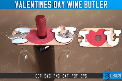 Valentines Day Wine Butler Laser Cut Design, Wine Caddy SVG, Wine Glass Bottle Holder SVG Fly Design 