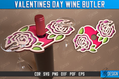 Valentines Day Wine Butler Laser Cut Design, Wine Caddy SVG, Wine Glass Bottle Holder SVG Fly Design 
