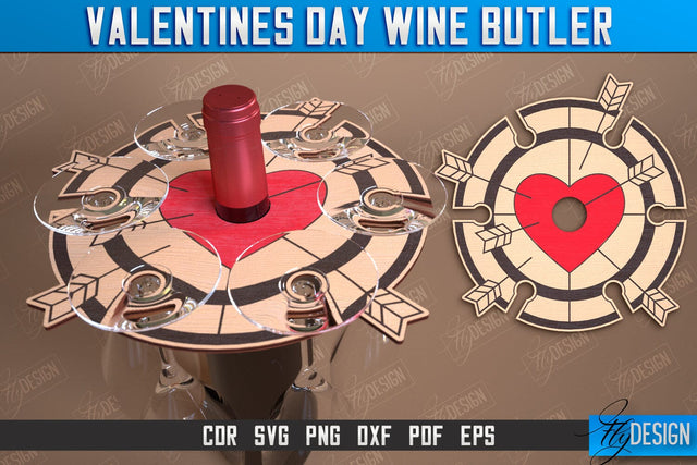 Valentines Day Wine Butler Laser Cut Design, Wine Caddy SVG, Wine Glass Bottle Holder SVG Fly Design 
