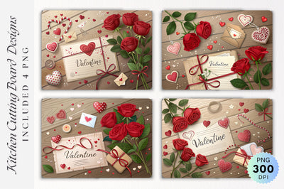 Valentine's Day Wooden Flat Lay with Roses Hearts Letter on a Cutting Board Sublimation Regulrcrative 