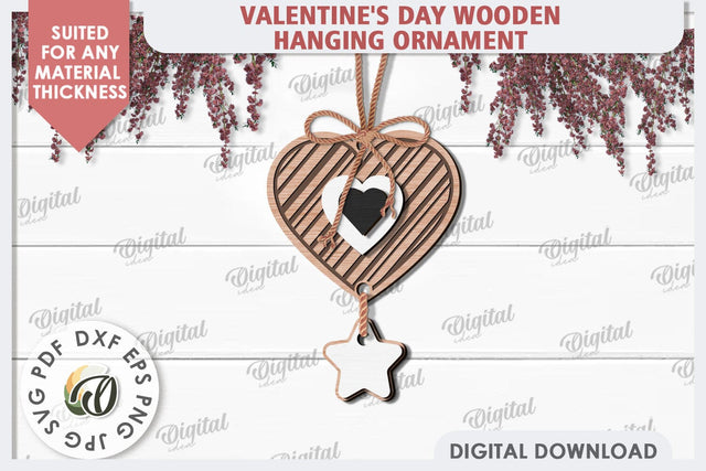 Valentine's Day Wooden Hanging Ornament Laser Cut. Heart SVG SVG Evgenyia Guschina 