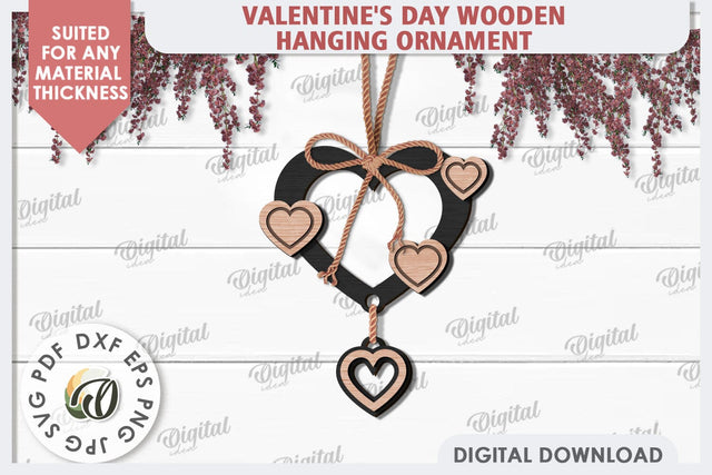 Valentine's Day Wooden Hanging Ornament Laser Cut. Heart SVG SVG Evgenyia Guschina 