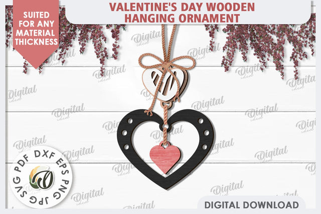 Valentine's Day Wooden Hanging Ornament Laser Cut. Heart SVG SVG Evgenyia Guschina 