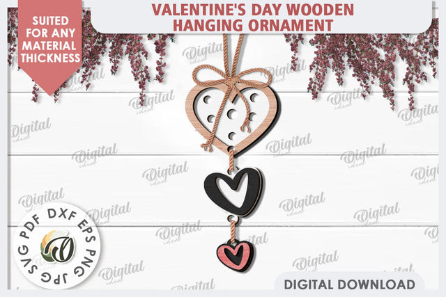 Valentine's Day Wooden Hanging Ornament Laser Cut. Heart SVG SVG Evgenyia Guschina 