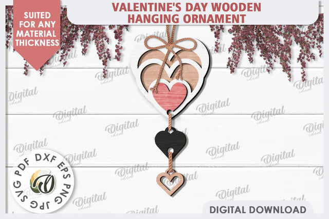 Valentine's Day Wooden Hanging Ornament Laser Cut. Heart SVG SVG Evgenyia Guschina 