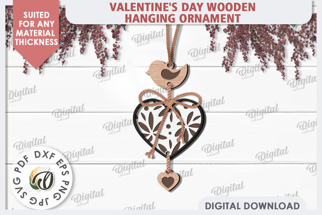 Valentine's Day Wooden Hanging Ornament Laser Cut. Heart SVG SVG Evgenyia Guschina 