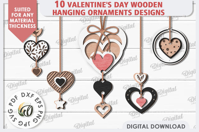 Valentine's Day Wooden Hanging Ornaments Laser Cut Bundle SVG Evgenyia Guschina 