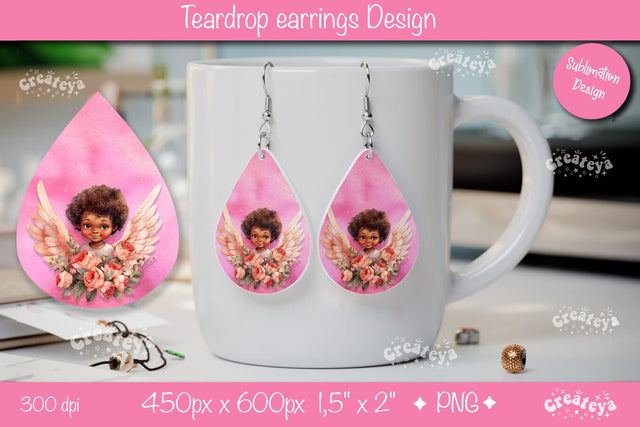 Valentine’s Earrings with Angel Art – Teardrop Sublimation Print Sublimation Createya Design 