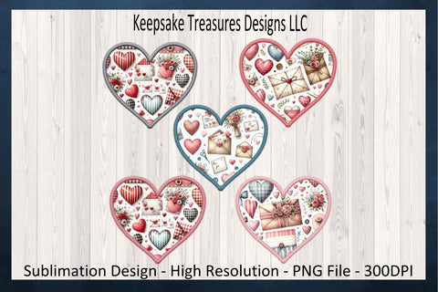 Valentines Hearts, Stitch Faux Embroidery Set Of Five, Happy Valentines Day PNG Sublimation, Digital Download Sublimation Keepsake Treasures Designs LLC. 