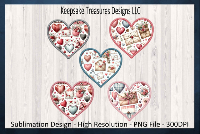 Valentines Hearts, Stitch Faux Embroidery Set Of Five, Happy Valentines Day PNG Sublimation, Digital Download Sublimation Keepsake Treasures Designs LLC. 