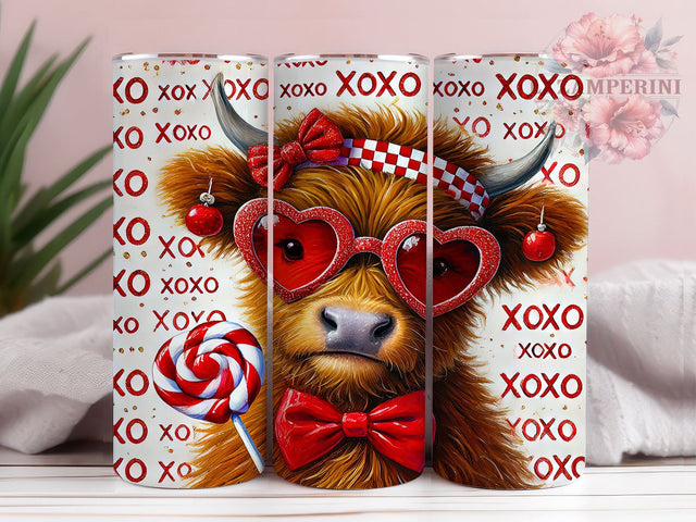 Valentine's Highland Cow XOXO 20oz Tumbler, Valentine's Day Gift, Coquette Decor, XOXO Design, 20oz Sublimation, Custom Tumbler Wrap, Rustic Love Gift Sublimation Li Zamperini 