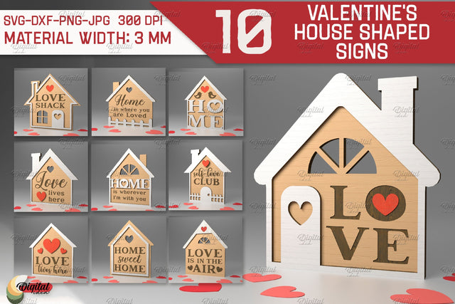 Valentine's House Shaped Signs Bundle. 3D Laser Cut SVG Evgenyia Guschina 