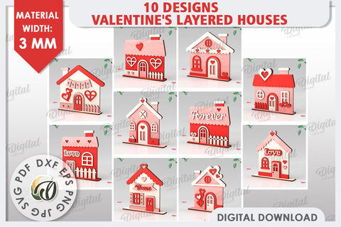 Valentine's Layered Houses Laser Cut Bundle. 3D Houses SVG SVG Evgenyia Guschina 