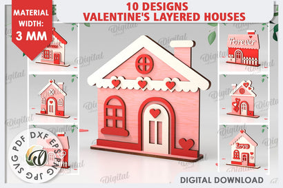 Valentine's Layered Houses Laser Cut Bundle. 3D Houses SVG SVG Evgenyia Guschina 