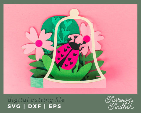 Valentine's Love Bug Card - Valentine's Day Card SVG 3D Paper Furrow and Feather SVG 