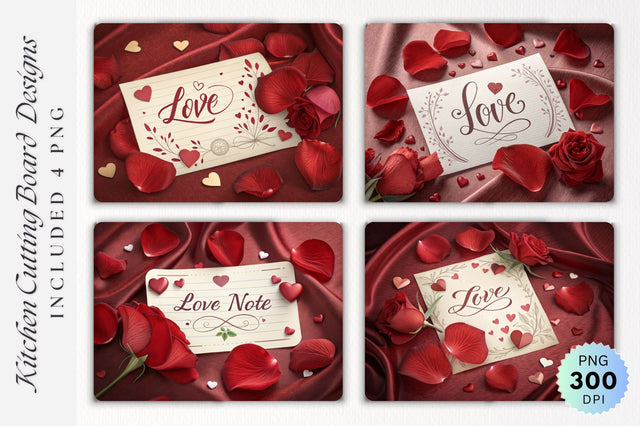 Valentine's Love Note with Red Petals and Hearts on a Cutting Board Sublimation Regulrcrative 