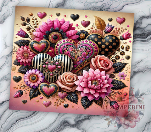 Valentine's Pink & Black Hearts 20oz Tumbler, Hearts Tumbler Sublimation, Valentine's Day Tumbler, 20oz Tumbler Wrap, Valentines Gift, Galentines Gift, Pink and Black Hearts Sublimation Li Zamperini 