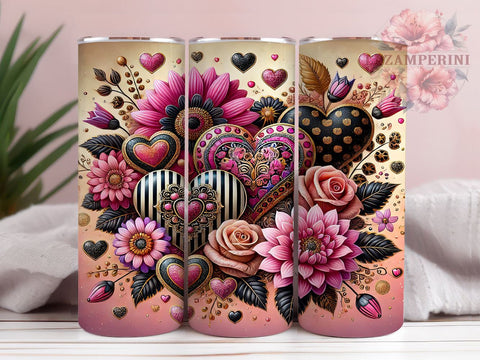 Valentine's Pink & Black Hearts 20oz Tumbler, Hearts Tumbler Sublimation, Valentine's Day Tumbler, 20oz Tumbler Wrap, Valentines Gift, Galentines Gift, Pink and Black Hearts Sublimation Li Zamperini 
