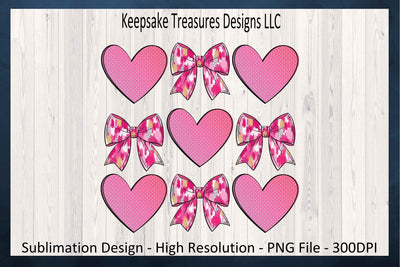 Valentine's Polk Dot Hearts, Pink Brushstroke Coquette Bows, Sublimation PNG, Digital Download, Printable PNG Sublimation Keepsake Treasures Designs LLC. 