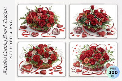 Valentine's Red Floral Centerpiece with Heart Decorations on Cutting Board Sublimation Regulrcrative 