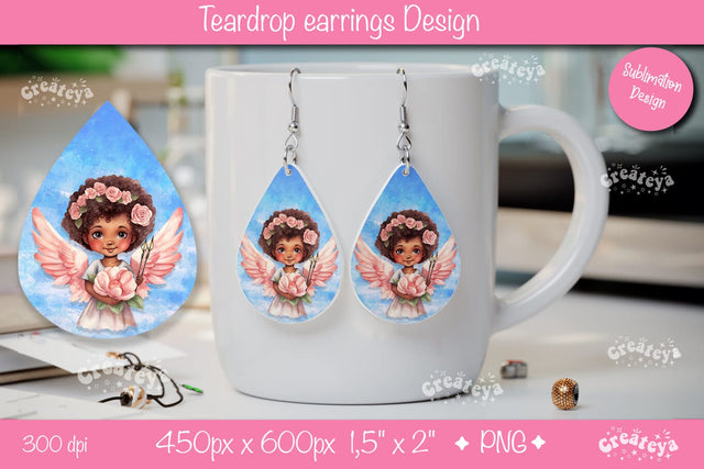 Valentine’s Romantic Angel Earrings – Watercolor Teardrop Design Sublimation Createya Design 