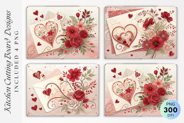 Valentine's Romantic Card with Red Floral and Hearts Accents Cutting Board Sublimation Regulrcrative 
