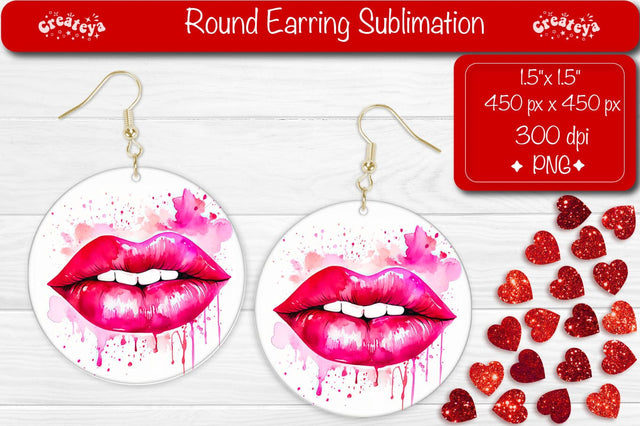 Valentines Round Earring Sublimation Designs. Red Lips Style Sublimation Createya Design 