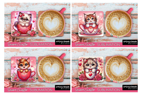 Valentine's Square Coasters - Cute Cat Sublimation Bundle Sublimation OrangeBrushStudio 