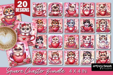 Valentine's Square Coasters - Cute Cat Sublimation Bundle Sublimation OrangeBrushStudio 