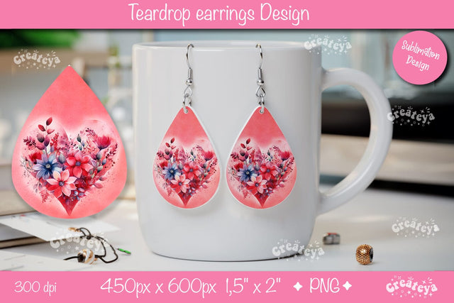 Valentine’s Sublimation Earrings – Teardrop Floral Heart PNG Sublimation Createya Design 