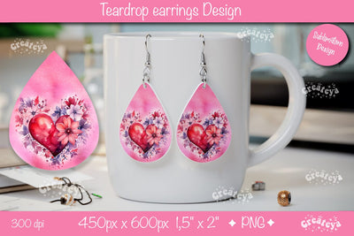 Valentine’s Teardrop Earrings – Watercolor Heart Floral PNG Sublimation Createya Design 