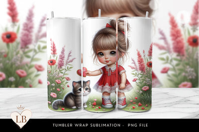 Valentine's Tumbler Wrap, Messy Bun Girl with Kitten Sublimation BijouBay 