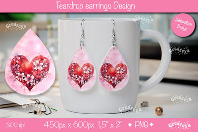 Valentine’s Watercolor Earrings – Floral Teardrop Heart Design Sublimation Createya Design 