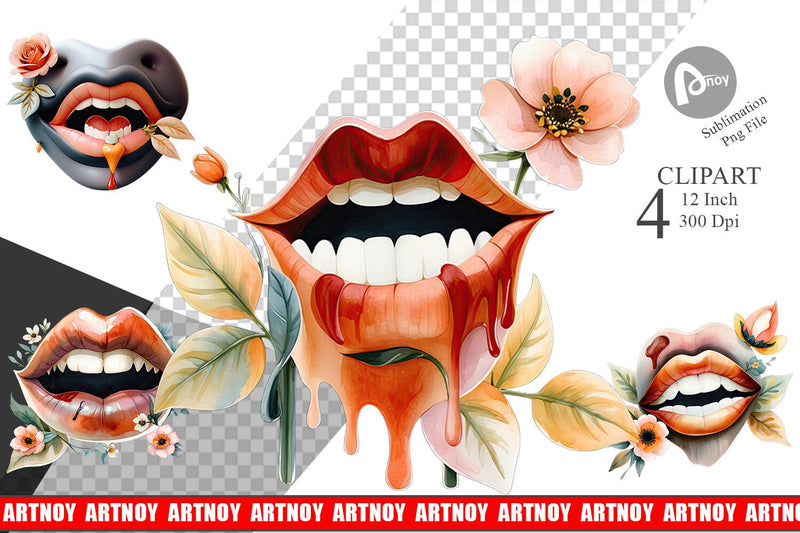 Vampire Lips Watercolor Floral Clipart Sublimation artnoy 