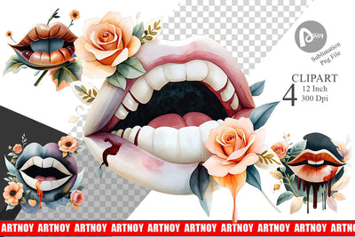 Vampire Lips Watercolor Floral Clipart Sublimation artnoy 