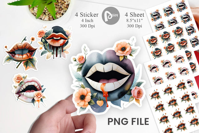 Vampire Lips Watercolor Floral Sticker Sublimation artnoy 