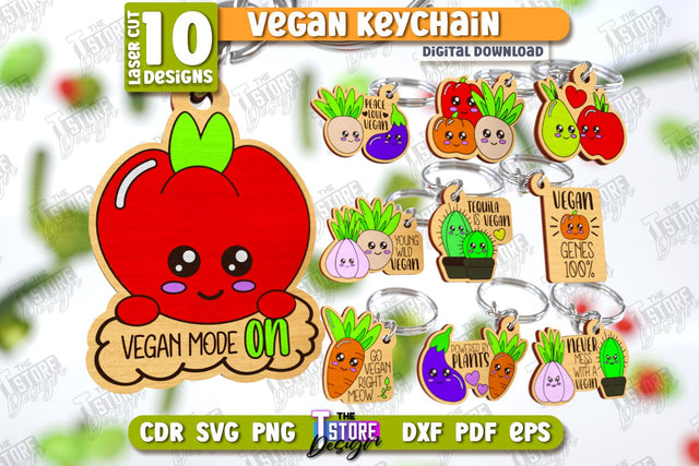Vegan Keychain Laser Cut Bundle | Vegan Keyring | Vegetarian Gift | Quotes SVG | CNC Files SVG The T Store Design 