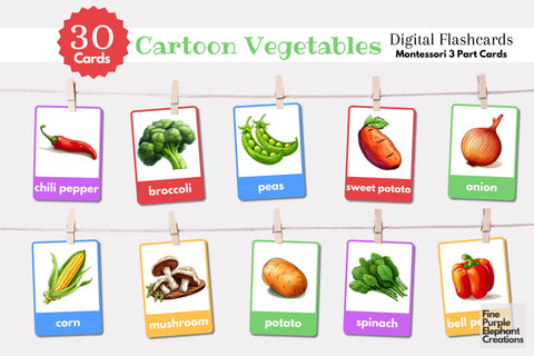 Vegetable Flashcards | Preschool Montessori Cards Digital Pattern Fine Purple Elephant Creations 