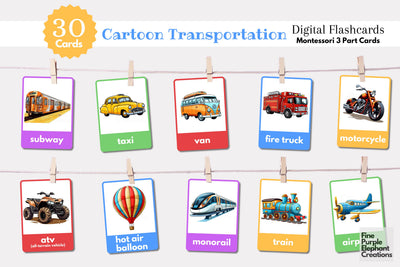 Vehicle Transportation Flashcards | Preschool Montessori Cards Digital Pattern Fine Purple Elephant Creations 