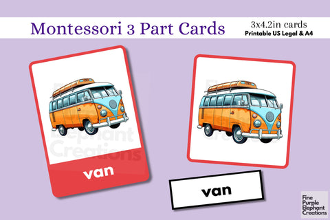 Vehicle Transportation Flashcards | Preschool Montessori Cards Digital Pattern Fine Purple Elephant Creations 