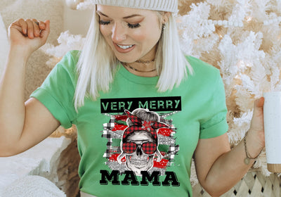 Very Merry Mama Skull Buffalo Plaid | Edgy Christmas Typography PNG | Alternative Holiday Design Sublimation Crafting After Dark 