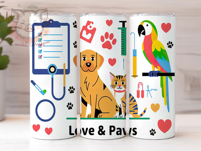 Vet Tech Animal Lover Paws Tumbler, Veterinary Gift, Love & Paws, Animal Lover Cup, Pet Care Tumbler, 20oz Sublimation Wrap, Vet Life Design Sublimation Lara' s Designs 