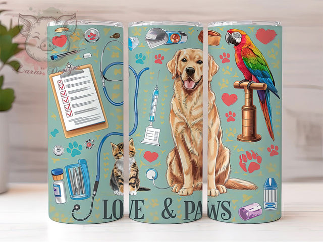 Vet Tech Animal Lover Paws Tumbler, Veterinary Gift, Love & Paws, Animal Lover Cup, Pet Care Tumbler, 20oz Sublimation Wrap, Vet Life Design Sublimation Lara' s Designs 