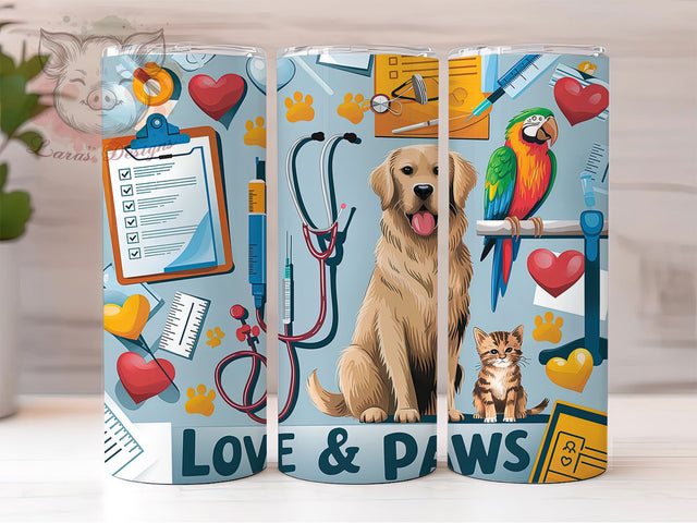 Vet Tech Animal Lover Paws Tumbler, Veterinary Gift, Love & Paws, Animal Lover Cup, Pet Care Tumbler, 20oz Sublimation Wrap, Vet Life Design Sublimation Lara' s Designs 