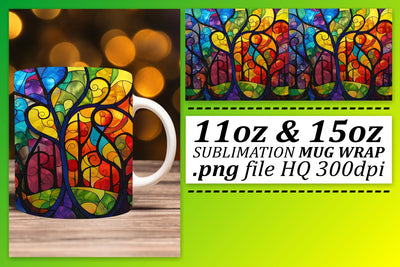 Vibrant 11oz/15oz Stained Glass Tree Mug Wrap Design Sublimation afrosvg 