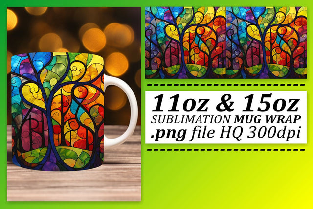 Vibrant 11oz/15oz Stained Glass Tree Mug Wrap Design Sublimation afrosvg 