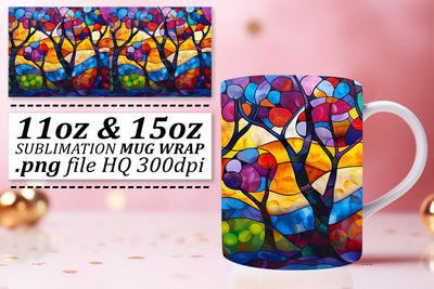 Vibrant 11oz/15oz Stained Glass Tree Wrap Mug Design Sublimation afrosvg 