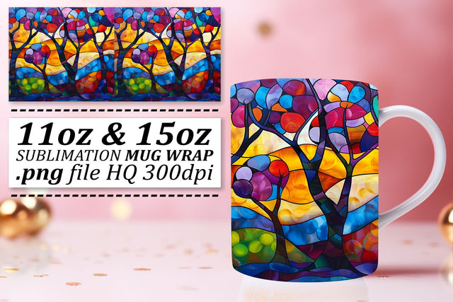 Vibrant 11oz/15oz Stained Glass Tree Wrap Mug Design Sublimation afrosvg 